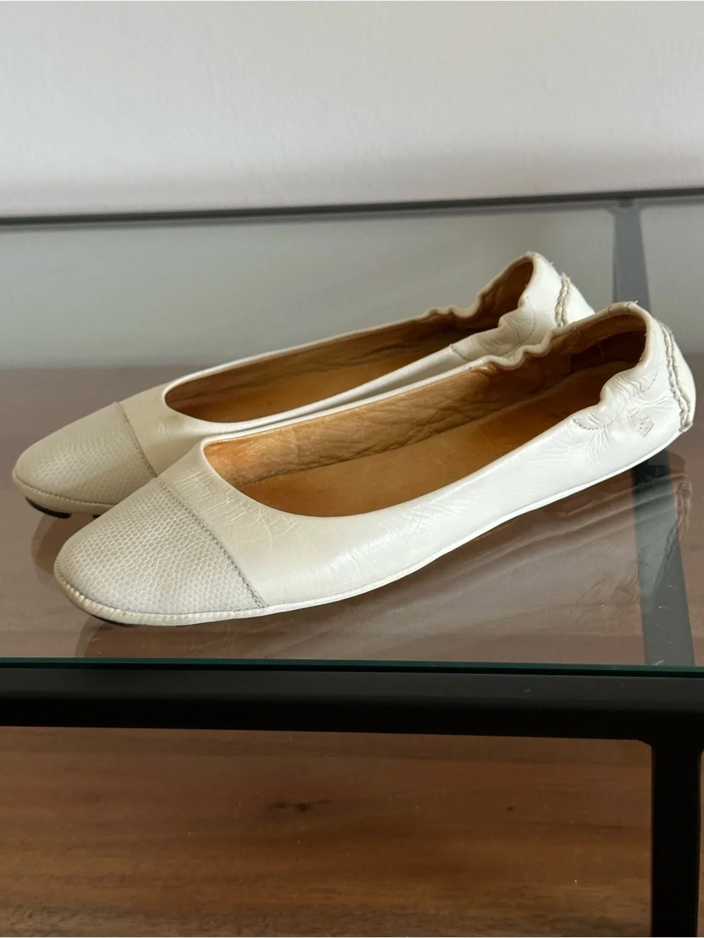 Peter Millar Dana Beige Lizard Cap Toe Ballet Flats Leather Made in Brazil